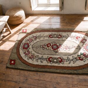 Artistic Oval Floral Inlay Design Antique American Hooked Rug (SKU 17187) - styled overhead view