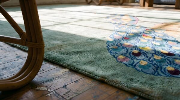Antique artistic peacock design wool pile hand knotted seafoam color chinese deco rug 6 Antique artistic peacock design wool pile hand knotted seafoam color chinese deco rug (sku 22129) - in-room detail