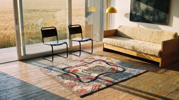 Artistic antique pictorial hand shake pattern square american hooked rug 7 Artistic antique pictorial hand shake pattern square american hooked rug (sku 20541) - room view