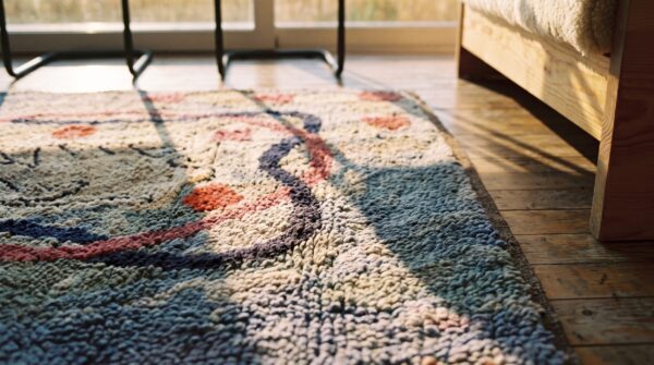 Artistic antique pictorial hand shake pattern square american hooked rug 8 Artistic antique pictorial hand shake pattern square american hooked rug (sku 20541) - in-room detail