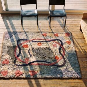 Artistic Antique Pictorial Hand Shake Pattern Square American Hooked Rug (SKU 20541) - styled overhead view