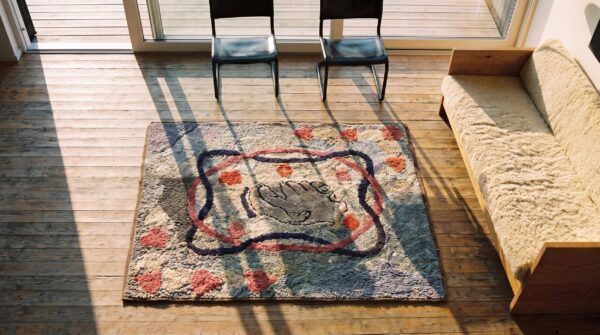 Artistic antique pictorial hand shake pattern square american hooked rug 2 Artistic antique pictorial hand shake pattern square american hooked rug (sku 20541) - styled overhead view