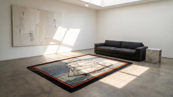 Artistic antique scenic nautical maritime design ship pattern american folk art hooked rug 6 Artistic antique scenic nautical maritime design ship pattern american folk art hooked rug (sku 18645) - room view