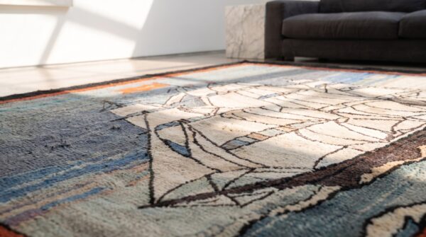 Artistic antique scenic nautical maritime design ship pattern american folk art hooked rug 7 Artistic antique scenic nautical maritime design ship pattern american folk art hooked rug (sku 18645) - in-room detail