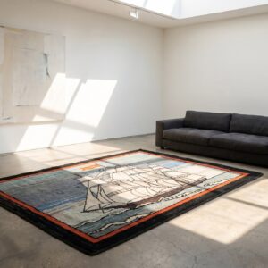 Artistic Antique Scenic Nautical Maritime Design Ship Pattern American Folk Art Hooked Rug (SKU 18645) - styled overhead view