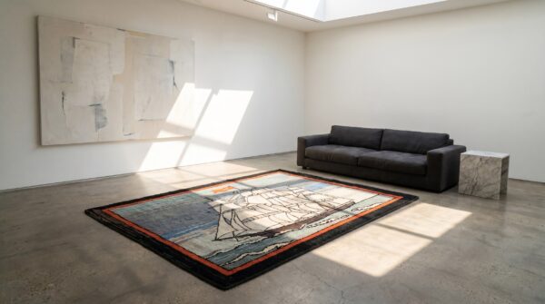 Artistic antique scenic nautical maritime design ship pattern american folk art hooked rug 2 Artistic antique scenic nautical maritime design ship pattern american folk art hooked rug (sku 18645) - styled overhead view