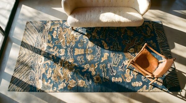 Antique artistic small scatter size silk blue gray color chinese textile 2 Antique artistic small scatter size silk blue gray color chinese textile (sku 23685) - styled overhead view