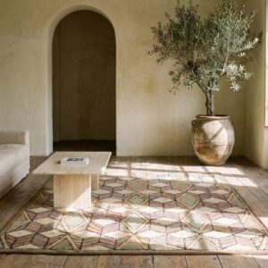 Artistic Antique Square Geometric Cube Folk Art American Hooked Rug (SKU 20499) - room view