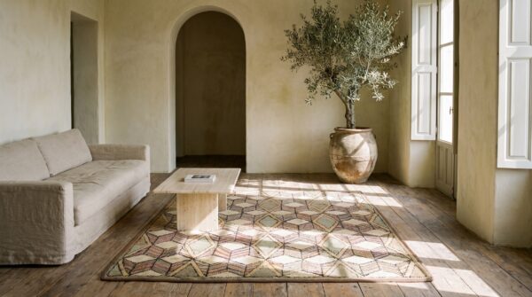 Artistic antique square geometric cube folk art american hooked rug (sku 20499) - room view