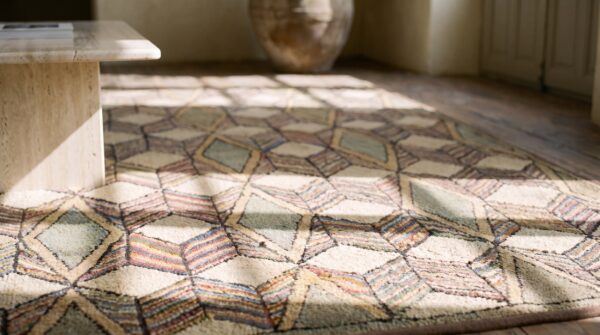 Artistic antique square geometric cube folk art american hooked rug (sku 20499) - in-room detail