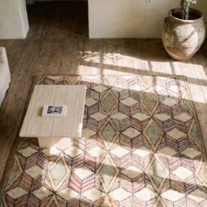 Artistic Antique Square Geometric Cube Folk Art American Hooked Rug (SKU 20499) - styled overhead view