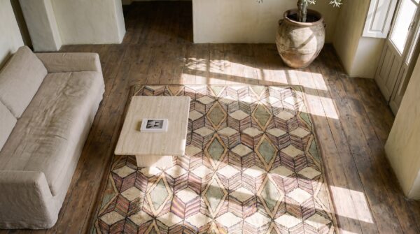 Artistic antique square geometric cube folk art american hooked rug (sku 20499) - styled overhead view