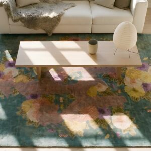 Artistic Antique Teal Color Floral Pattern Chinese Art Deco Rug (SKU 25150) - styled overhead view