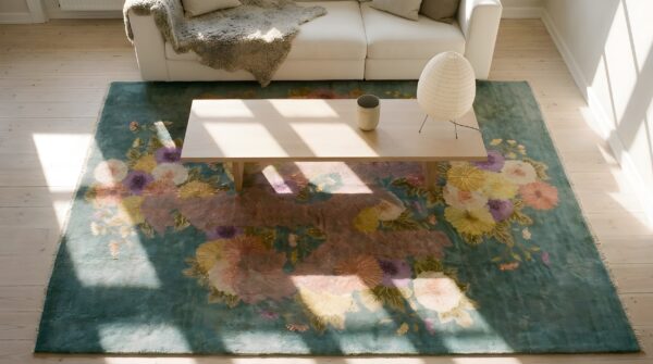 Artistic antique teal color floral pattern chinese art deco rug 2 Artistic antique teal color floral pattern chinese art deco rug (sku 25150) - styled overhead view