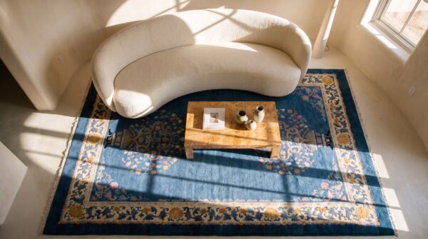 Antique artistic tree pattern chinese light blue color peking rug (sku 25292) - styled overhead view