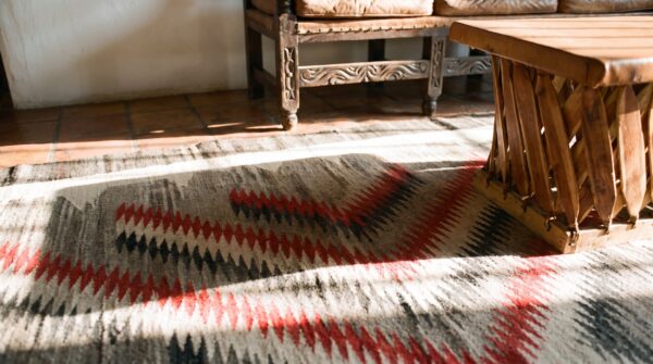Antique artistic tribal geometric flatweave native american navajo rug 9 Antique artistic tribal geometric flatweave native american navajo rug (sku 25460) - in-room detail