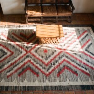 Antique Artistic Tribal Geometric Flatweave Native American Navajo Rug (SKU 25460) - styled overhead view