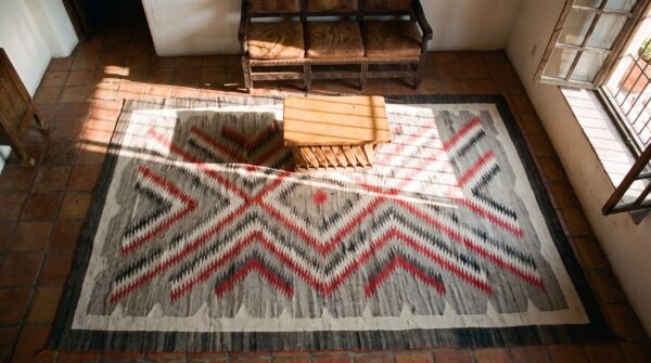 Antique artistic tribal geometric flatweave native american navajo rug 2 Antique artistic tribal geometric flatweave native american navajo rug (sku 25460) - styled overhead view