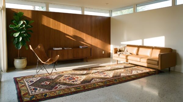 Artistic antique tribal geometric late 19th century caucasian shirvan rug 6 Artistic antique tribal geometric late 19th century caucasian shirvan rug (sku 21719) - room view