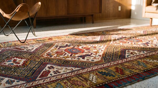 Artistic antique tribal geometric late 19th century caucasian shirvan rug 7 Artistic antique tribal geometric late 19th century caucasian shirvan rug (sku 21719) - in-room detail