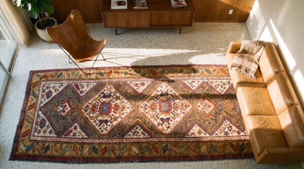Artistic antique tribal geometric late 19th century caucasian shirvan rug 2 Artistic antique tribal geometric late 19th century caucasian shirvan rug (sku 21719) - styled overhead view