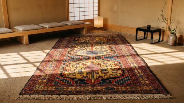Artistic tribal geometric primitive animal motif antique persian bakhtiari rug 8 Artistic tribal geometric primitive animal motif antique persian bakhtiari rug (sku 19744) - room view