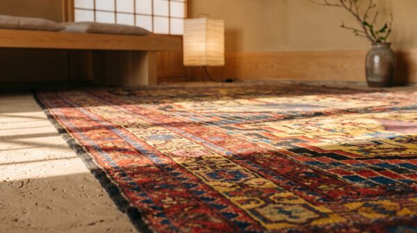 Artistic tribal geometric primitive animal motif antique persian bakhtiari rug 9 Artistic tribal geometric primitive animal motif antique persian bakhtiari rug (sku 19744) - in-room detail
