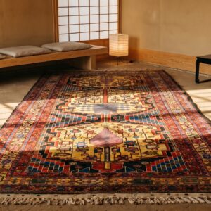 Artistic Tribal Geometric Primitive Animal Motif Antique Persian Bakhtiari Rug (SKU 19744) - styled overhead view