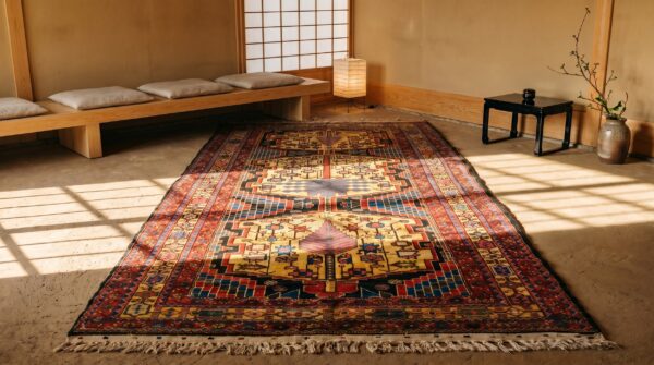 Artistic tribal geometric primitive animal motif antique persian bakhtiari rug 2 Artistic tribal geometric primitive animal motif antique persian bakhtiari rug (sku 19744) - styled overhead view