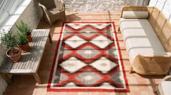 Artistic tribal pattern flatwoven antique native american navajo rug 2 Artistic tribal pattern flatwoven antique native american navajo rug (sku 20112) - styled overhead view