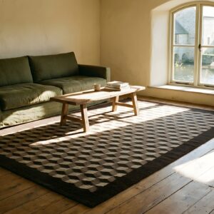 Artistic Tumbling Block Design Antique Neutral Native American Flatweave Navajo Rug (SKU 23969) - styled overhead view