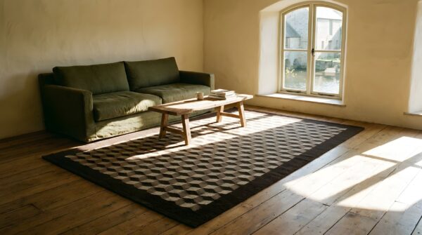 Artistic tumbling block design antique neutral native american flatweave navajo rug 2 Artistic tumbling block design antique neutral native american flatweave navajo rug (sku 23969) - styled overhead view