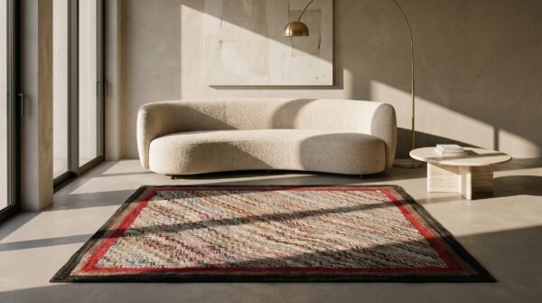Artistic wavy chevron design antique american folk art square rug (sku 17860) - room view