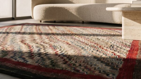 Artistic wavy chevron design antique american folk art square rug (sku 17860) - in-room detail