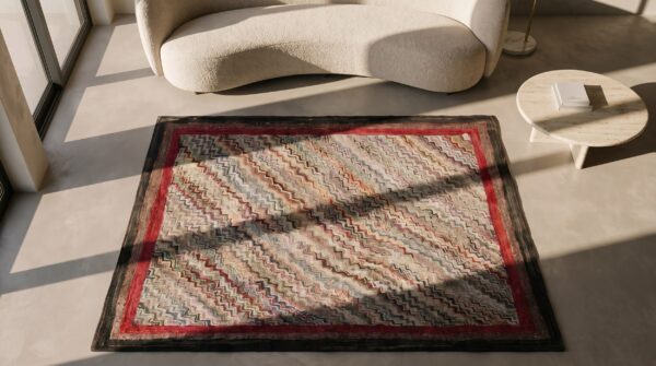 Artistic wavy chevron design antique american folk art square rug (sku 17860) - styled overhead view