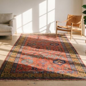 Artistic Whimsical Tribal Pattern Antique Rustic Coral Persian Kurdish Wool Runner Rug (SKU 19159) - room view