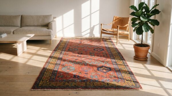 Artistic whimsical tribal pattern antique rustic coral persian kurdish wool runner rug 8 Artistic whimsical tribal pattern antique rustic coral persian kurdish wool runner rug (sku 19159) - room view