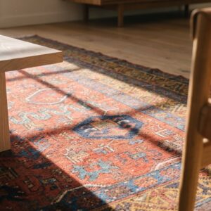 Artistic Whimsical Tribal Pattern Antique Rustic Coral Persian Kurdish Wool Runner Rug (SKU 19159) - in-room detail