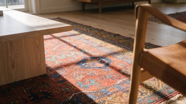 Artistic whimsical tribal pattern antique rustic coral persian kurdish wool runner rug 9 Artistic whimsical tribal pattern antique rustic coral persian kurdish wool runner rug (sku 19159) - in-room detail