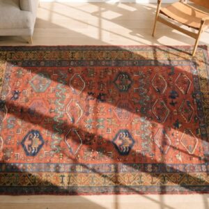 Artistic Whimsical Tribal Pattern Antique Rustic Coral Persian Kurdish Wool Runner Rug (SKU 19159) - styled overhead view