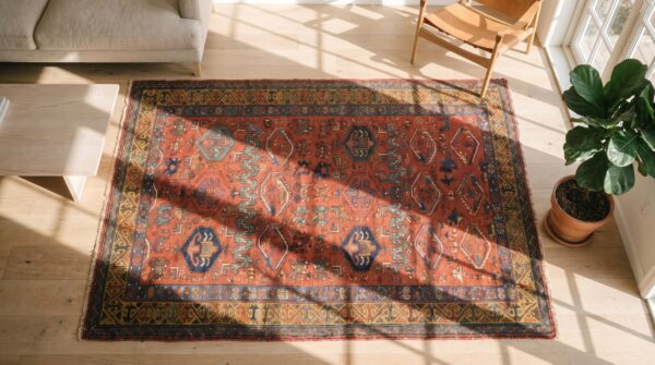 Artistic whimsical tribal pattern antique rustic coral persian kurdish wool runner rug 2 Artistic whimsical tribal pattern antique rustic coral persian kurdish wool runner rug (sku 19159) - styled overhead view
