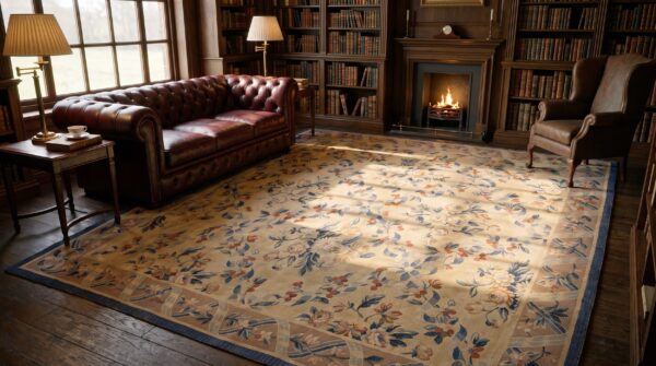 Antique aubusson french allover floral knotted square rug (sku 24236) - room view