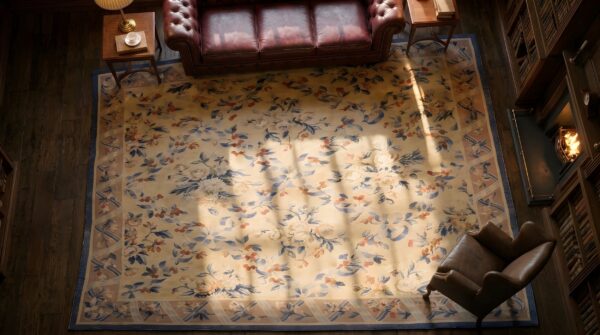 Antique aubusson french allover floral knotted square rug (sku 24236) - in-room detail