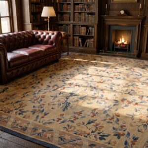 Antique Aubusson French Allover Floral Knotted Square Rug (SKU 24236) - styled overhead view