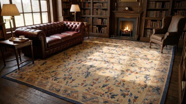 Antique aubusson french allover floral knotted square rug (sku 24236) - styled overhead view