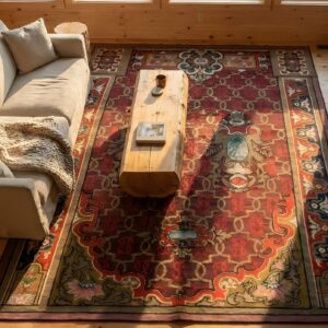 Antique Aubusson French Allover Geometric Flat Weave Red Rug (SKU 25645) - styled overhead view