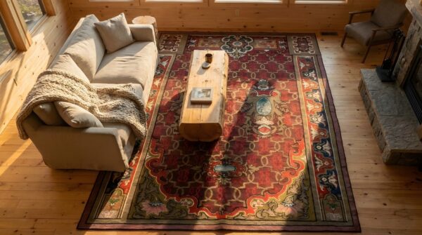 Antique aubusson french allover geometric flat weave red rug 2 Antique aubusson french allover geometric flat weave red rug (sku 25645) - styled overhead view