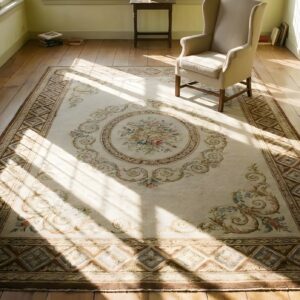 Antique Aubusson French Allover Medallion Flat Weave Rug (SKU 23924) - styled overhead view