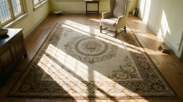 Antique aubusson french allover medallion flat weave rug 2 Antique aubusson french allover medallion flat weave rug (sku 23924) - styled overhead view
