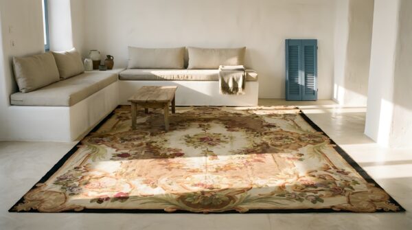 Antique aubusson french floral, medallion flat weave rug 9 Antique aubusson french floral, medallion flat weave rug (sku 24146) - room view